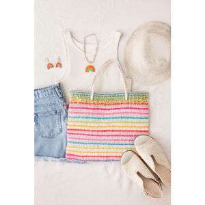 Vintage 90s Balikbayan Rainbow Stripe Woven Straw Beach Tote Bag Like New